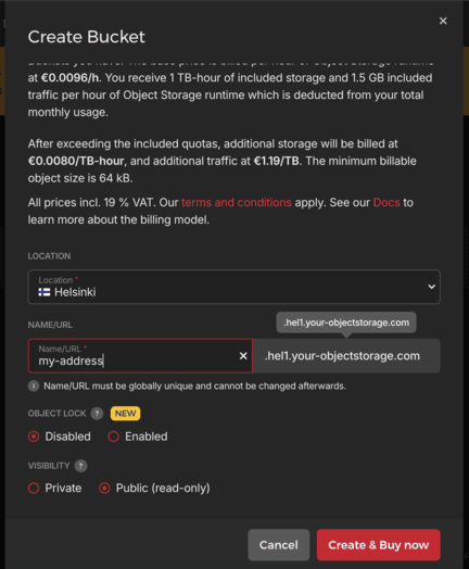 Hetzner bucket creation modal with location, name, and visibility options